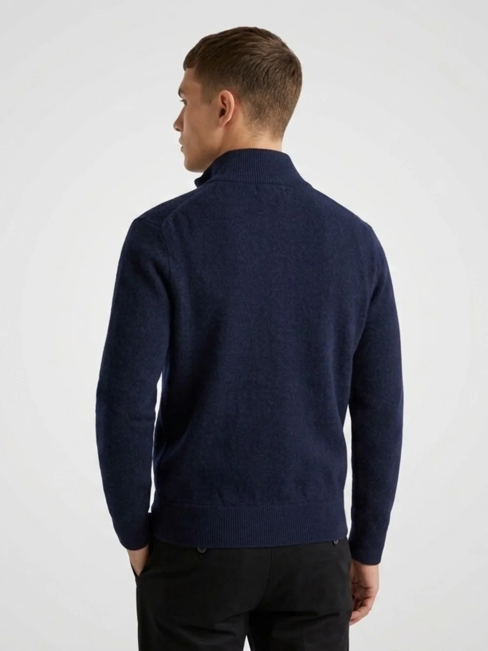 Navy Cashmere Stand Collar Zip Up Sweater